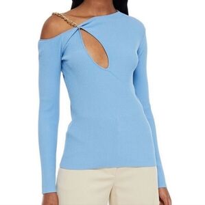 NICHOLAS Paloma Ribbed Chain Strap Off Shoulder Asymmetrical Long Sleeve…